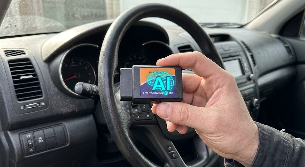 Scannerul AI OBD2 ținut în mână în interiorul unei mașini